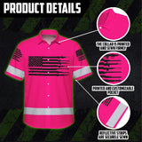 Hi Vis Hawaiian American Flag Shirt, Pink Neon Custom Name Reflective Short Sleeve Button-up Safety Shirt for Workers