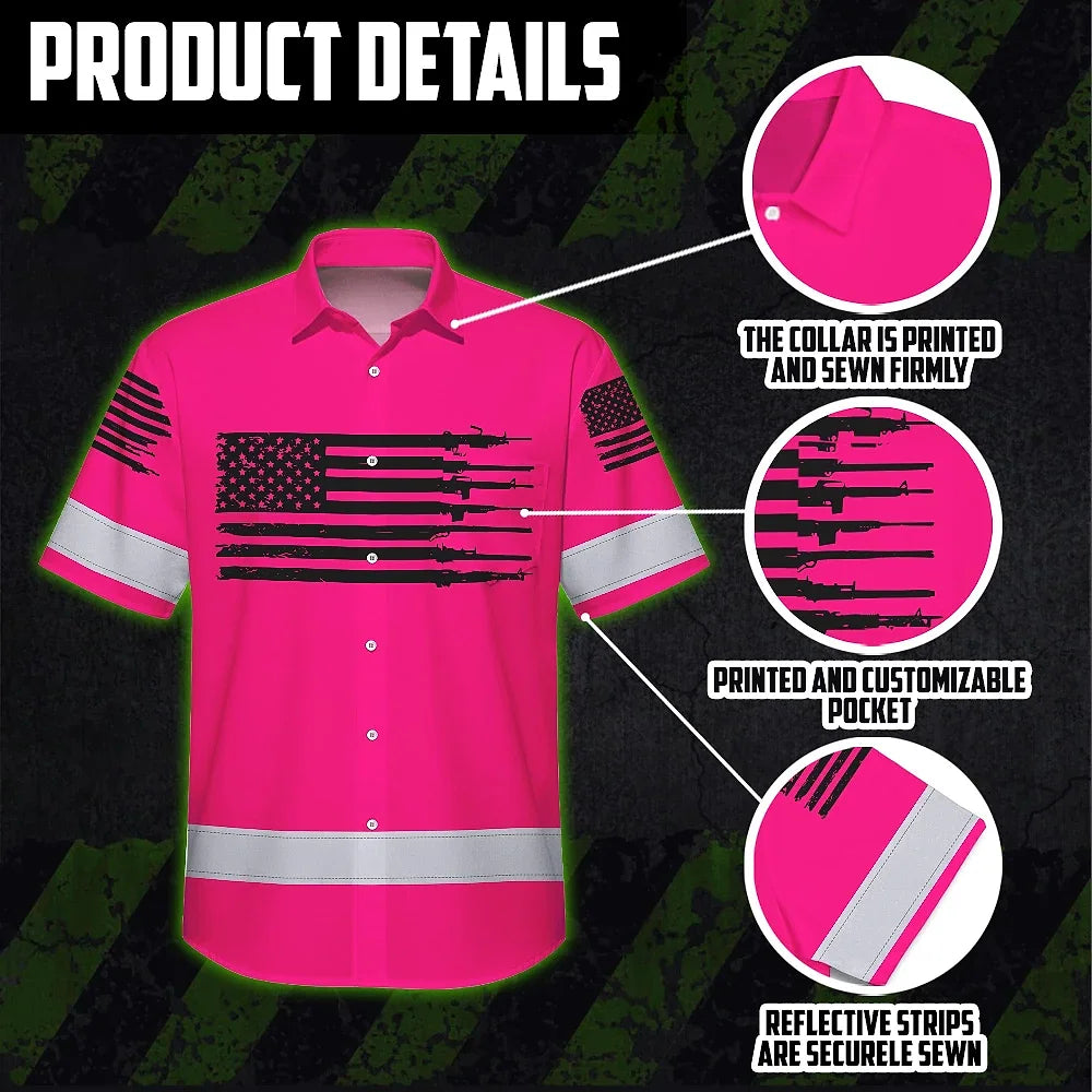 Hi Vis Hawaiian American Flag Shirt, Pink Neon Custom Name Reflective Short Sleeve Button-up Safety Shirt for Workers