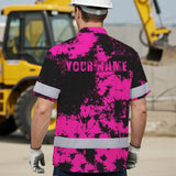 Hi Vis Hawaiian American Flag Shirt, Pink Neon Custom Name Reflective Short Sleeve Button-up Safety Shirt for Workers