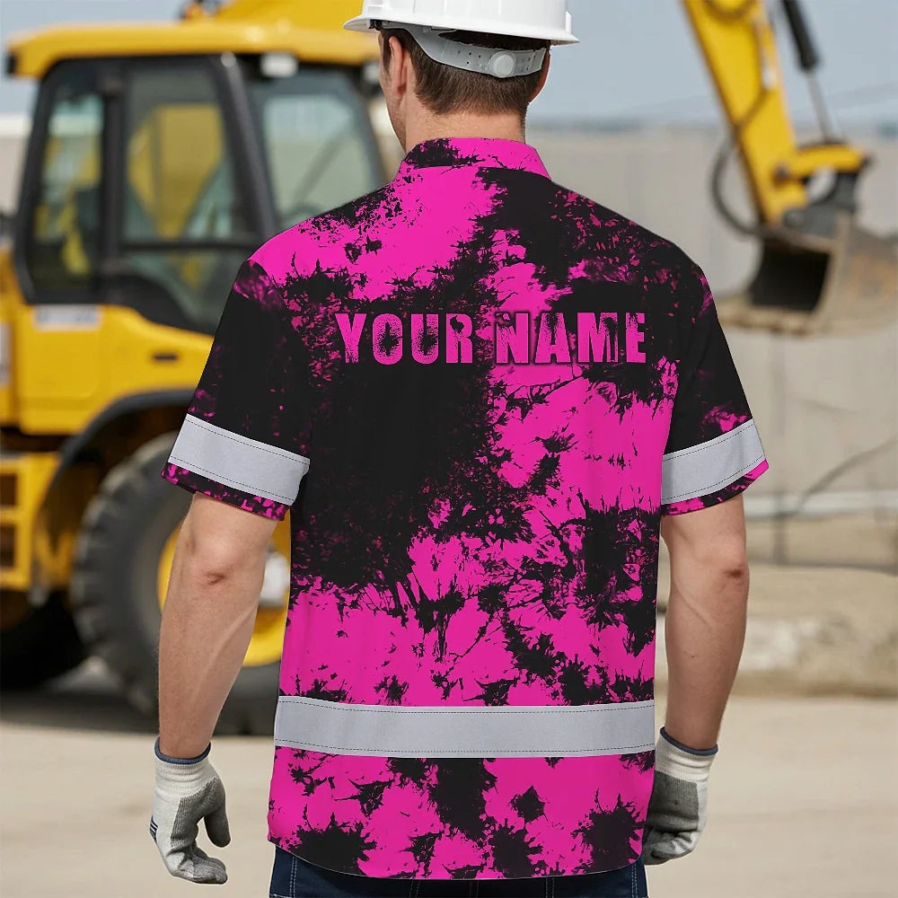 Hi Vis Hawaiian American Flag Shirt, Pink Neon Custom Name Reflective Short Sleeve Button-up Safety Shirt for Workers
