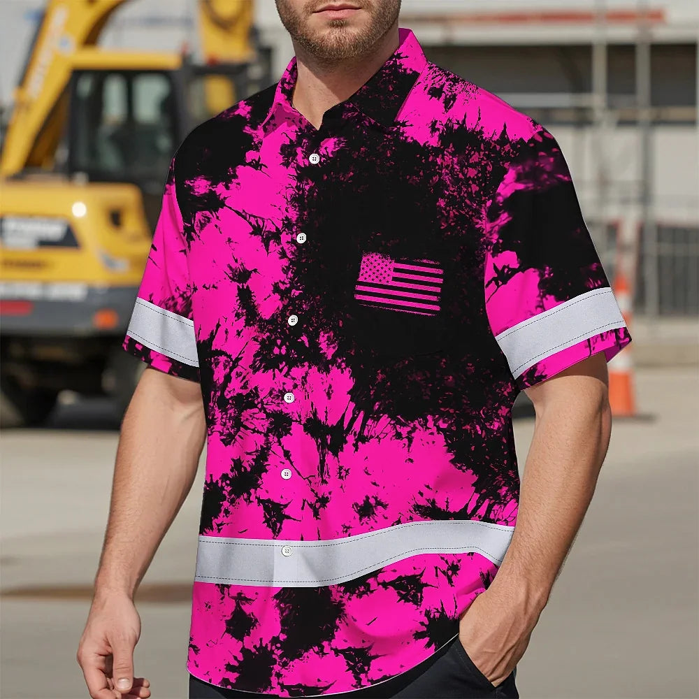 Hi Vis Hawaiian American Flag Shirt, Pink Neon Custom Name Reflective Short Sleeve Button-up Safety Shirt for Workers