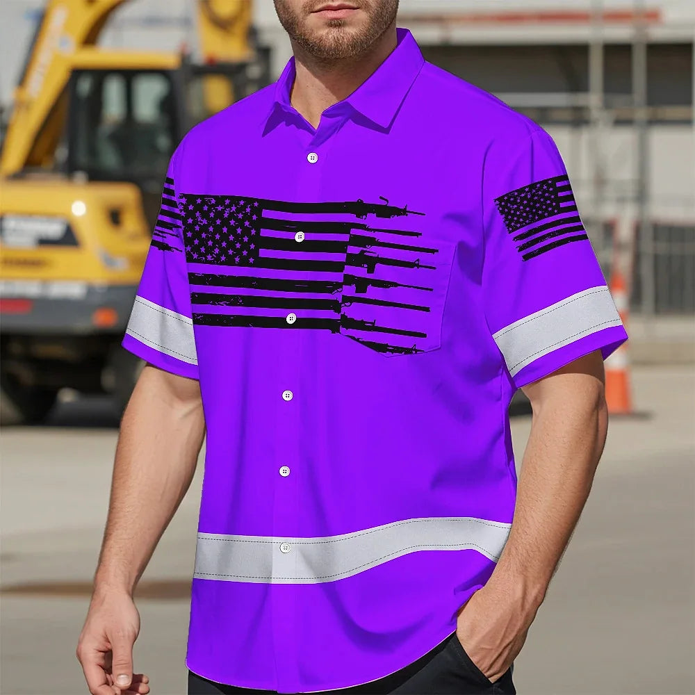 Hi Vis Hawaiian American Flag Shirt, Violet Neon Custom Name Reflective Short Sleeve Button-up Safety Shirt for Workers