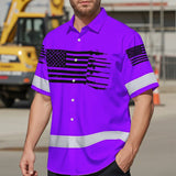 Hi Vis Hawaiian American Flag Shirt, Violet Neon Custom Name Reflective Short Sleeve Button-up Safety Shirt for Workers