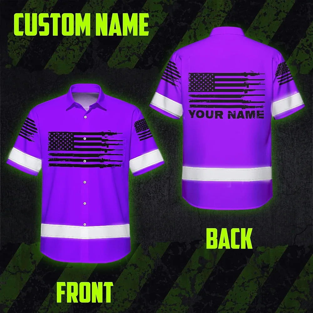 Hi Vis Hawaiian American Flag Shirt, Violet Neon Custom Name Reflective Short Sleeve Button-up Safety Shirt for Workers