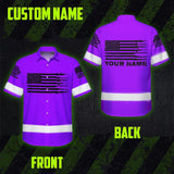 Hi Vis Hawaiian American Flag Shirt, Violet Neon Custom Name Reflective Short Sleeve Button-up Safety Shirt for Workers