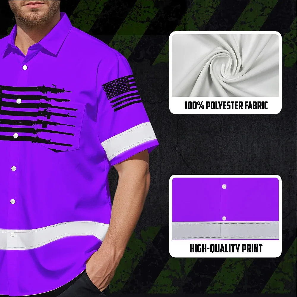 Hi Vis Hawaiian American Flag Shirt, Violet Neon Custom Name Reflective Short Sleeve Button-up Safety Shirt for Workers