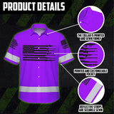 Hi Vis Hawaiian American Flag Shirt, Violet Neon Custom Name Reflective Short Sleeve Button-up Safety Shirt for Workers