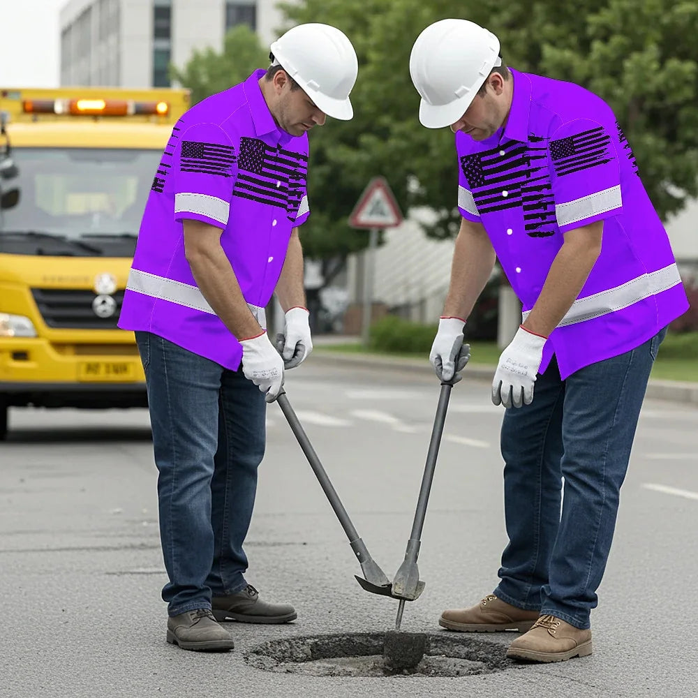 Hi Vis Hawaiian American Flag Shirt, Violet Neon Custom Name Reflective Short Sleeve Button-up Safety Shirt for Workers