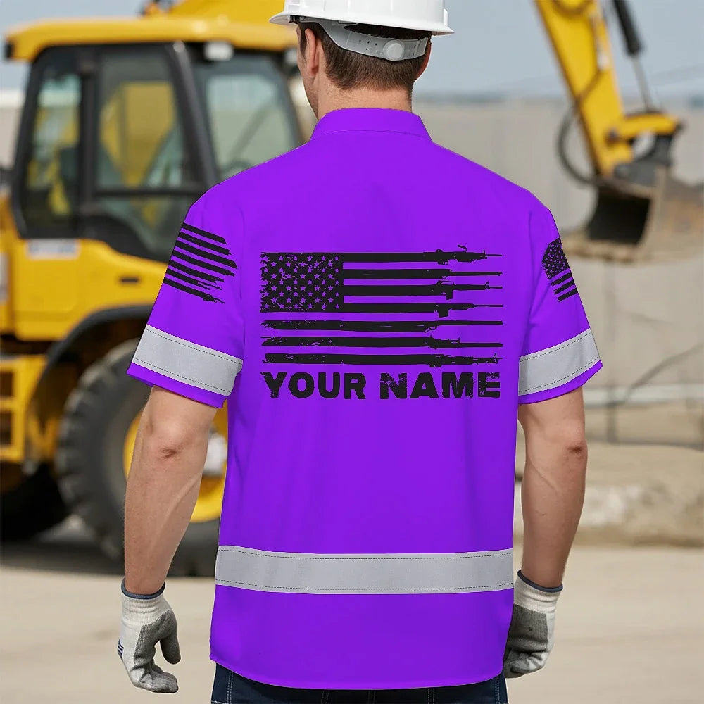 Hi Vis Hawaiian American Flag Shirt, Violet Neon Custom Name Reflective Short Sleeve Button-up Safety Shirt for Workers
