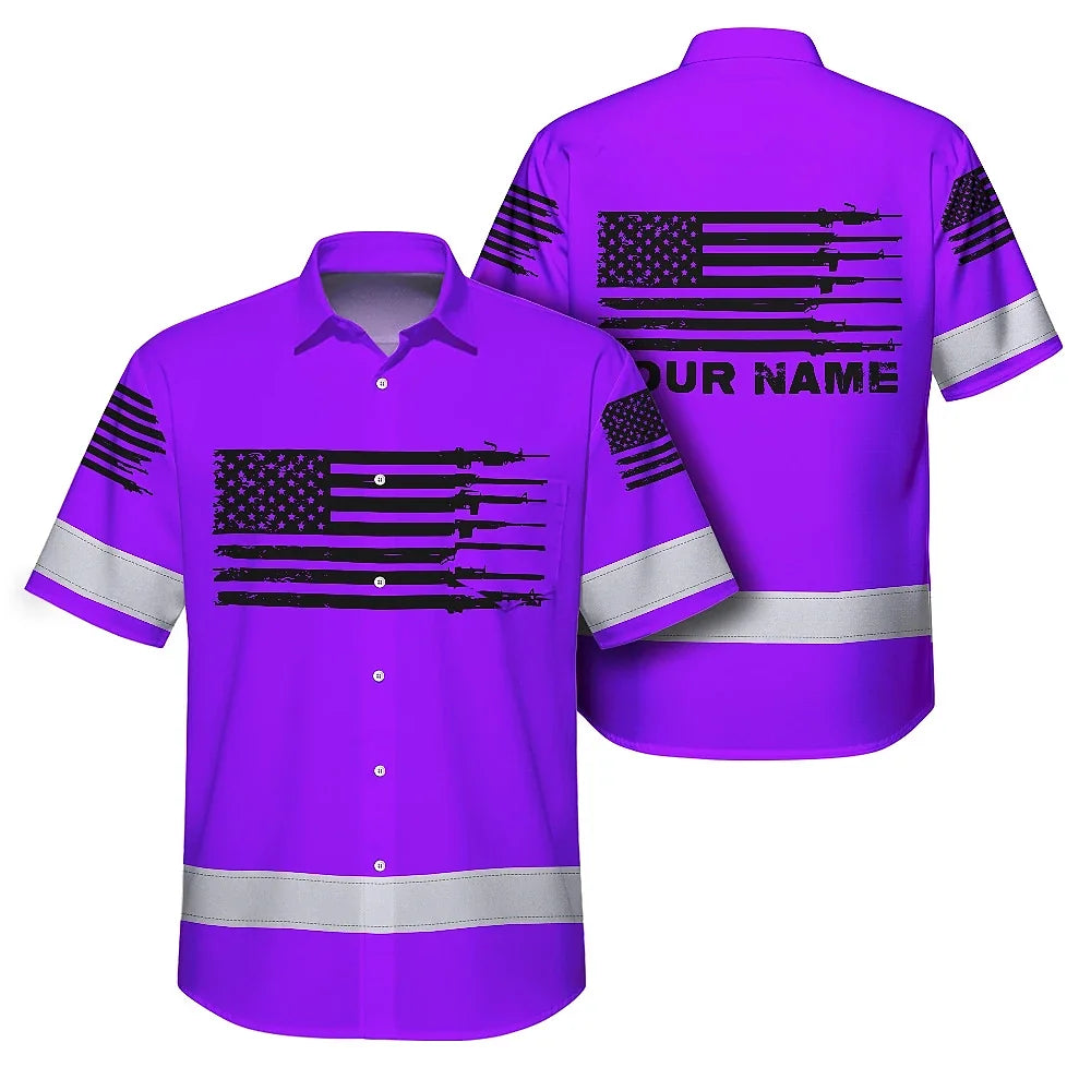 Hi Vis Hawaiian American Flag Shirt, Violet Neon Custom Name Reflective Short Sleeve Button-up Safety Shirt for Workers