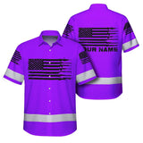 Hi Vis Hawaiian American Flag Shirt, Violet Neon Custom Name Reflective Short Sleeve Button-up Safety Shirt for Workers