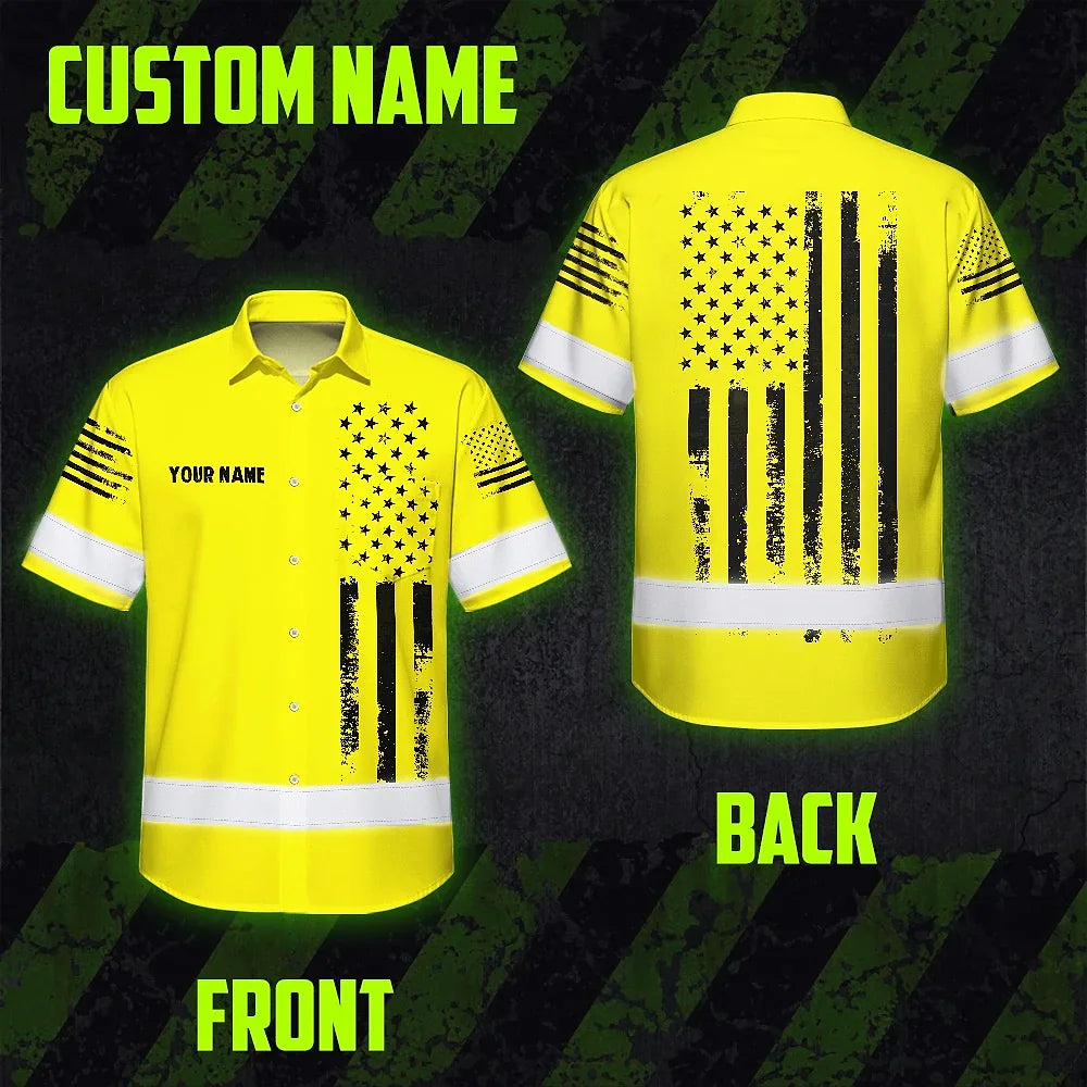 Hi Vis Hawaiian American Flag Shirt, Yellow Neon Custom Name Reflective Short Sleeve Button-up Safety Shirt for Workers
