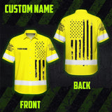 Hi Vis Hawaiian American Flag Shirt, Yellow Neon Custom Name Reflective Short Sleeve Button-up Safety Shirt for Workers