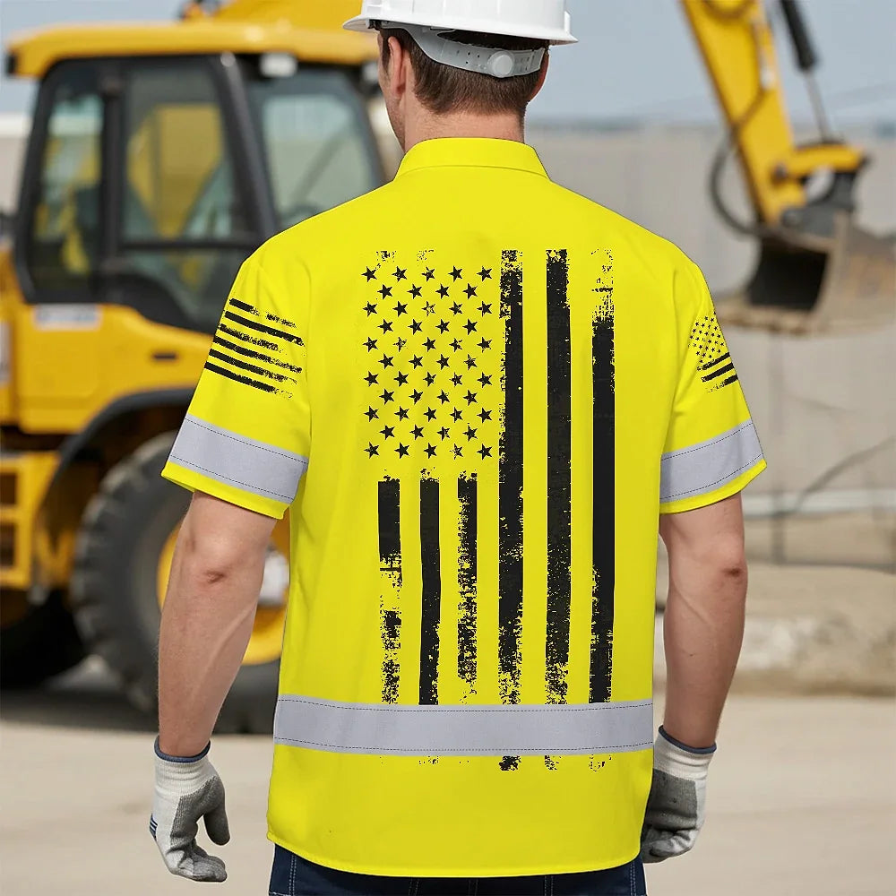 Hi Vis Hawaiian American Flag Shirt, Yellow Neon Custom Name Reflective Short Sleeve Button-up Safety Shirt for Workers