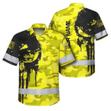 Hi Vis Hawaiian American Flag Shirt, Yellow Neon Custom Name Reflective Short Sleeve Button-up Safety Shirt for Workers