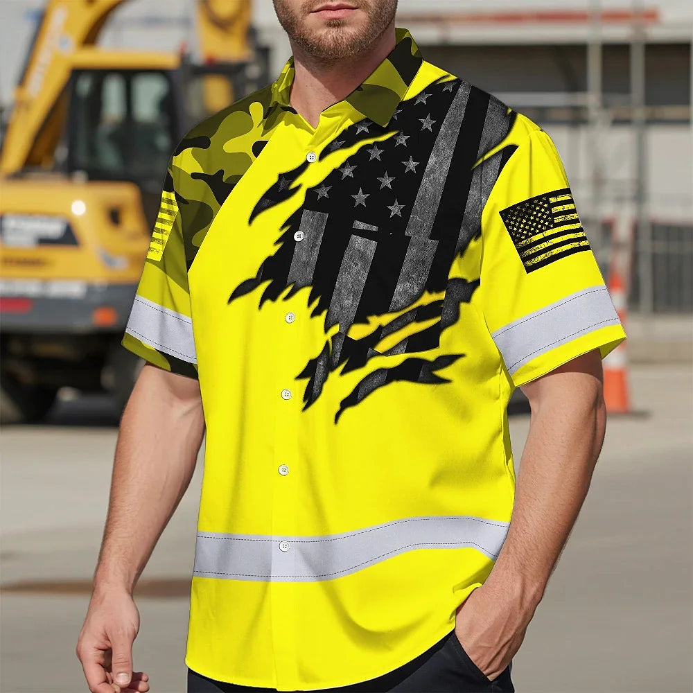Hi Vis Hawaiian American Flag Shirt, Yellow Neon Custom Name Reflective Short Sleeve Button-up Safety Shirt for Workers