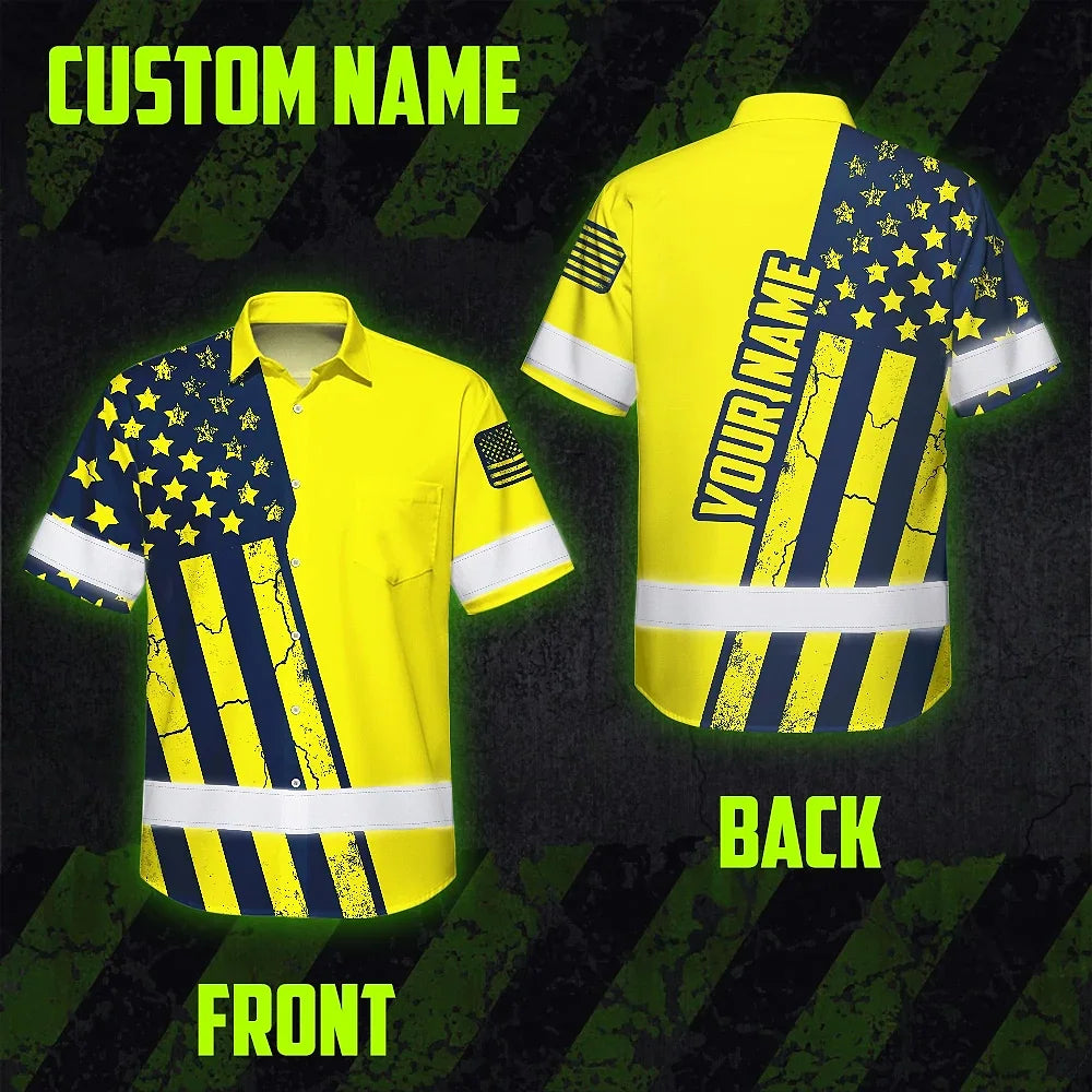 Hi Vis Hawaiian American Flag Shirt, Yellow Neon Custom Name Reflective Short Sleeve Button-up Safety Shirt for Workers