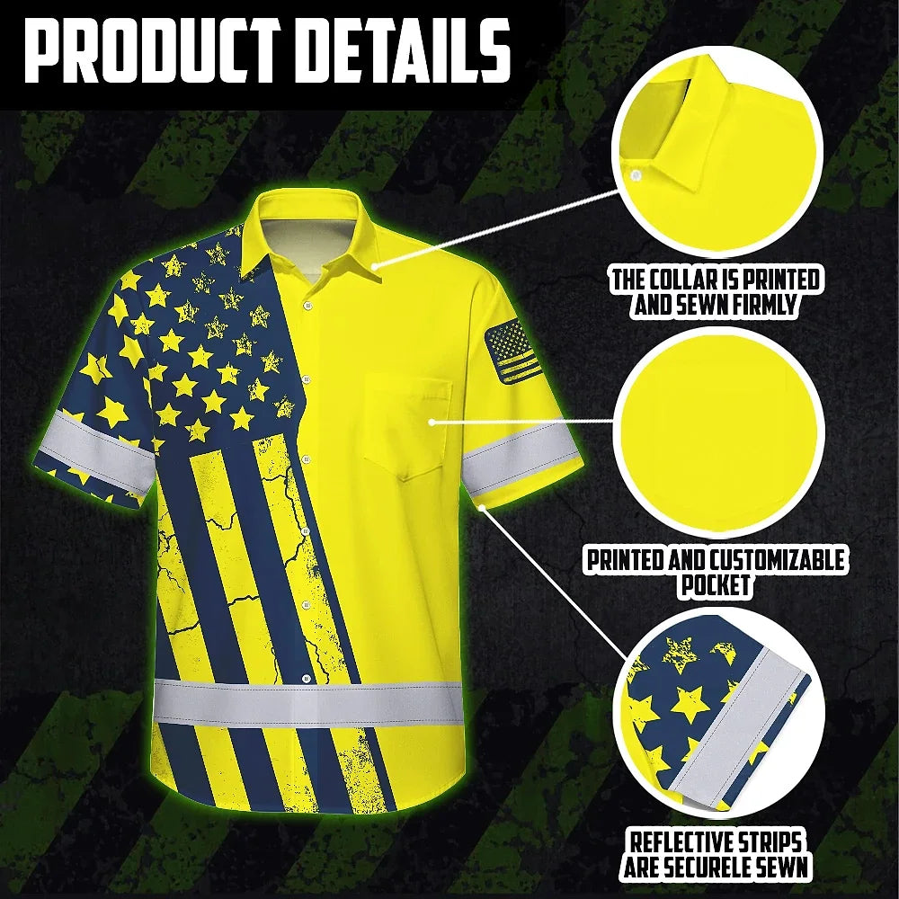 Hi Vis Hawaiian American Flag Shirt, Yellow Neon Custom Name Reflective Short Sleeve Button-up Safety Shirt for Workers