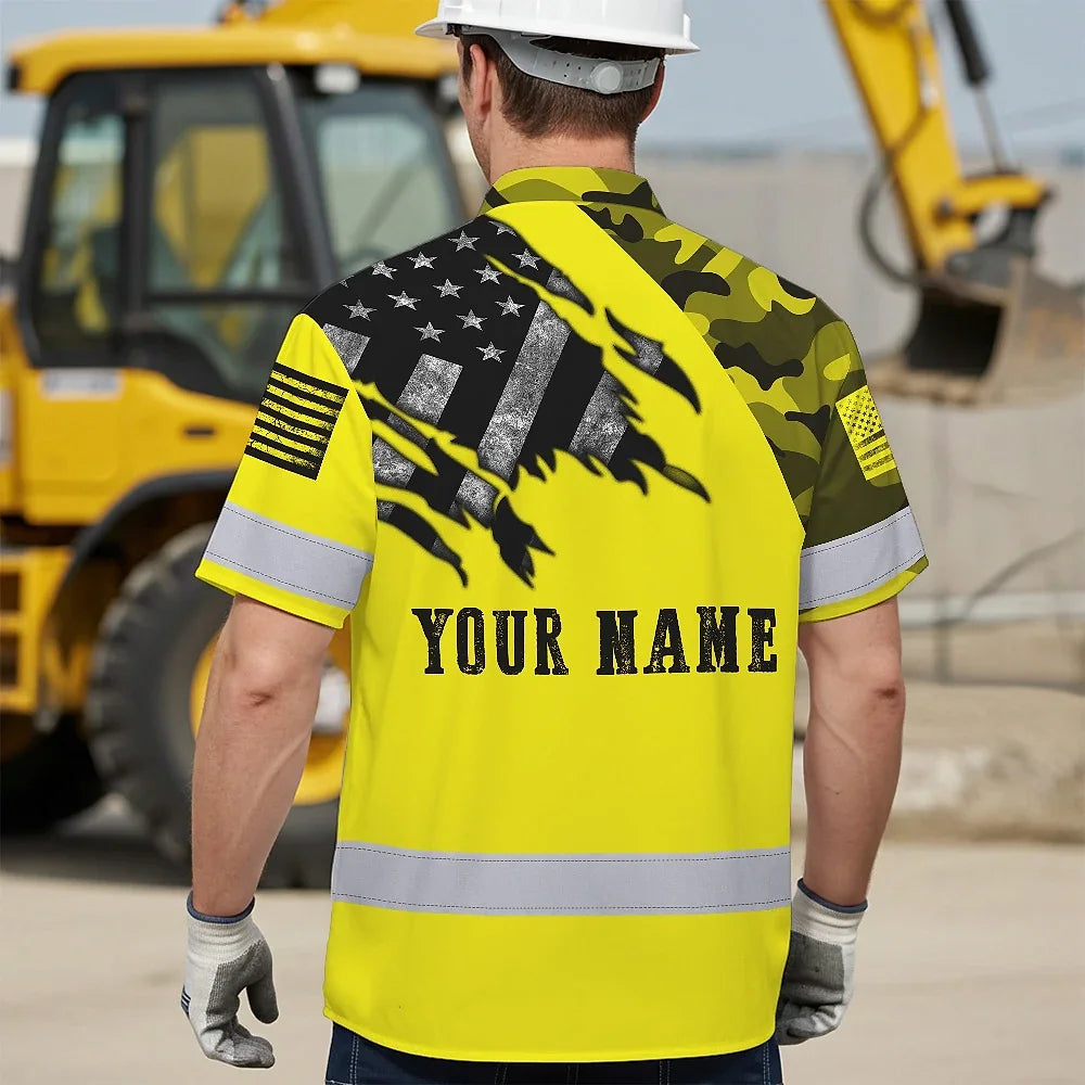 Hi Vis Hawaiian American Flag Shirt, Yellow Neon Custom Name Reflective Short Sleeve Button-up Safety Shirt for Workers