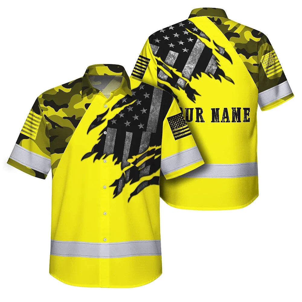 Hi Vis Hawaiian American Flag Shirt, Yellow Neon Custom Name Reflective Short Sleeve Button-up Safety Shirt for Workers