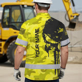 Hi Vis Hawaiian American Flag Shirt, Yellow Neon Custom Name Reflective Short Sleeve Button-up Safety Shirt for Workers