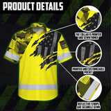 Hi Vis Hawaiian American Flag Shirt, Yellow Neon Custom Name Reflective Short Sleeve Button-up Safety Shirt for Workers