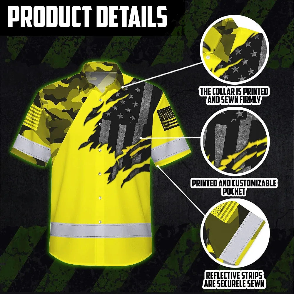 Hi Vis Hawaiian American Flag Shirt, Yellow Neon Custom Name Reflective Short Sleeve Button-up Safety Shirt for Workers