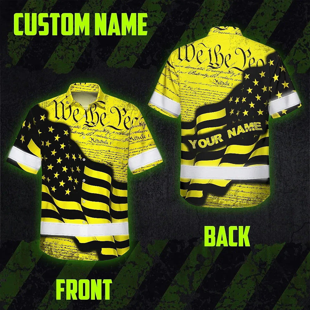 Hi Vis Hawaiian American Flag Shirt, Yellow Neon Custom Name Reflective Short Sleeve Button-up Safety Shirt for Workers