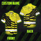 Hi Vis Hawaiian American Flag Shirt, Yellow Neon Custom Name Reflective Short Sleeve Button-up Safety Shirt for Workers
