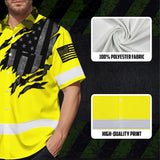 Hi Vis Hawaiian American Flag Shirt, Yellow Neon Custom Name Reflective Short Sleeve Button-up Safety Shirt for Workers
