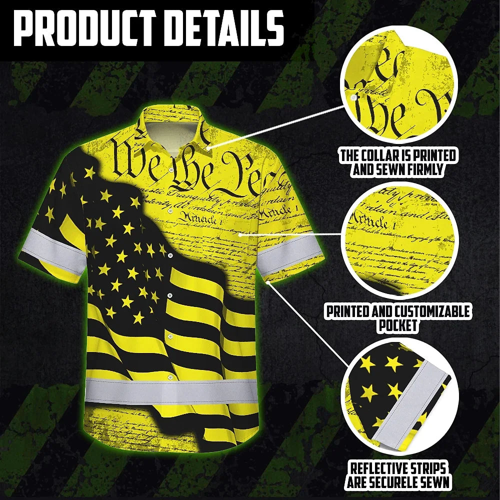 Hi Vis Hawaiian American Flag Shirt, Yellow Neon Custom Name Reflective Short Sleeve Button-up Safety Shirt for Workers