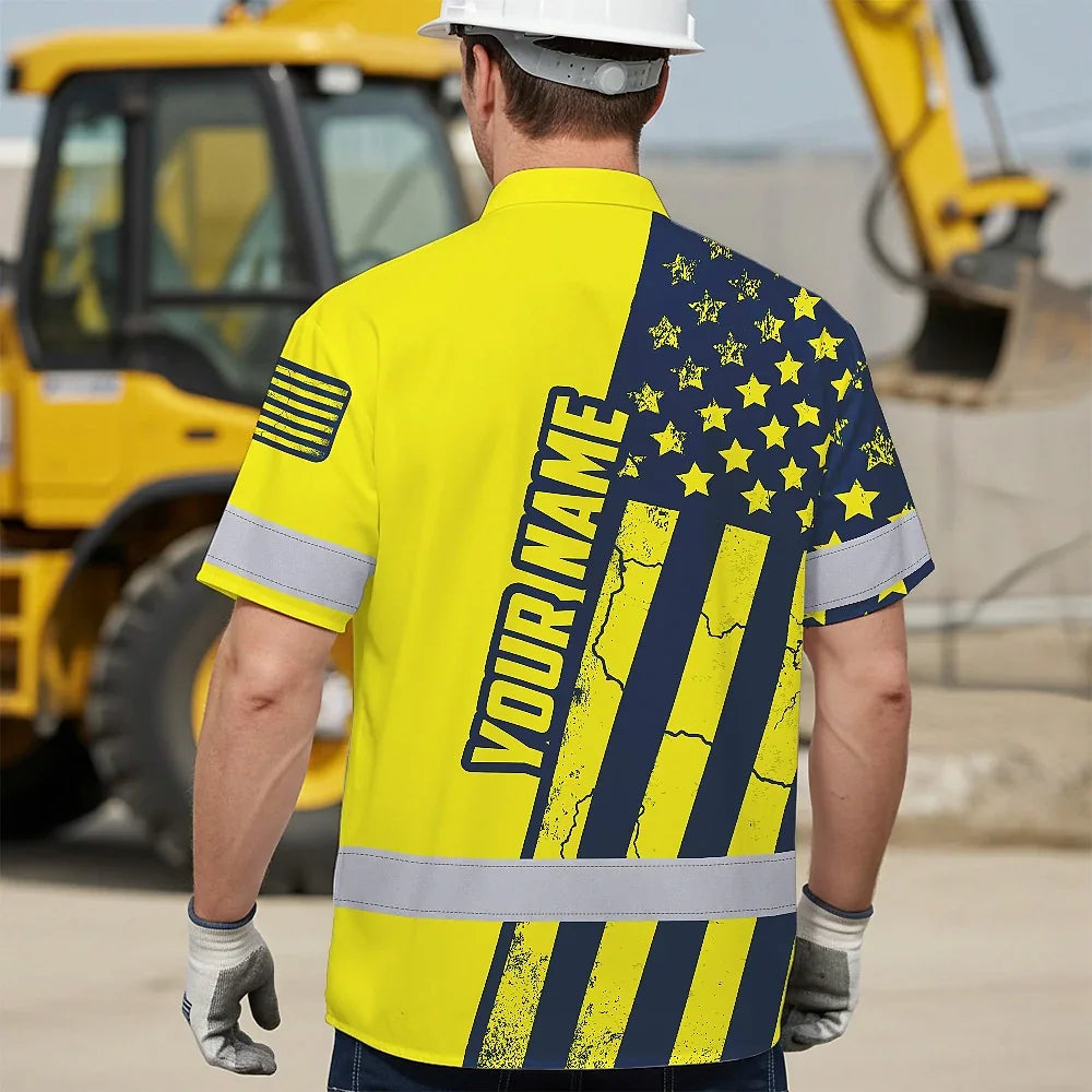 Hi Vis Hawaiian American Flag Shirt, Yellow Neon Custom Name Reflective Short Sleeve Button-up Safety Shirt for Workers
