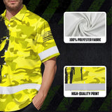 Hi Vis Hawaiian American Flag Shirt, Yellow Neon Custom Name Reflective Short Sleeve Button-up Safety Shirt for Workers
