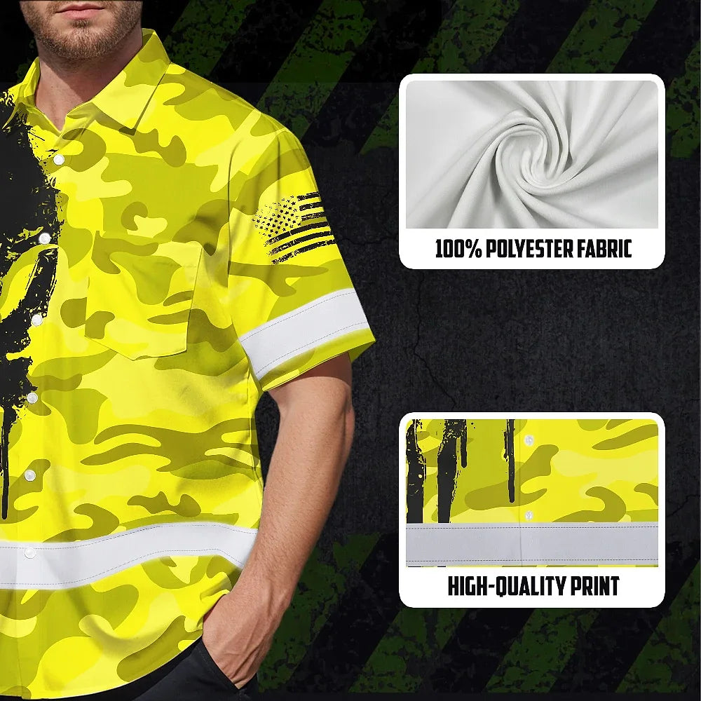 Hi Vis Hawaiian American Flag Shirt, Yellow Neon Custom Name Reflective Short Sleeve Button-up Safety Shirt for Workers