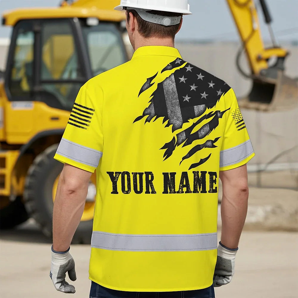 Hi Vis Hawaiian American Flag Shirt, Yellow Neon Custom Name Reflective Short Sleeve Button-up Safety Shirt for Workers