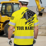 Hi Vis Hawaiian American Flag Shirt, Yellow Neon Custom Name Reflective Short Sleeve Button-up Safety Shirt for Workers