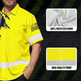 Hi Vis Hawaiian American Flag Shirt, Yellow Neon Custom Name Reflective Short Sleeve Button-up Safety Shirt for Workers