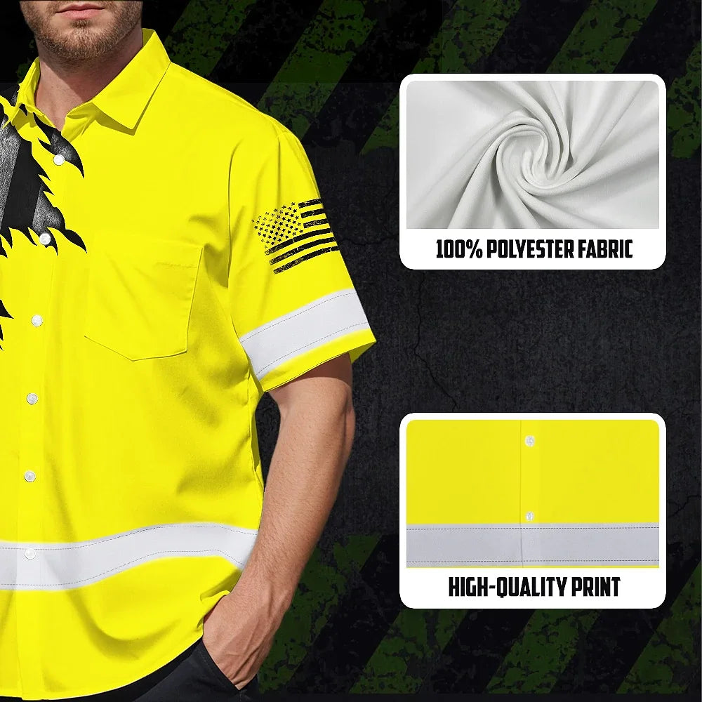 Hi Vis Hawaiian American Flag Shirt, Yellow Neon Custom Name Reflective Short Sleeve Button-up Safety Shirt for Workers