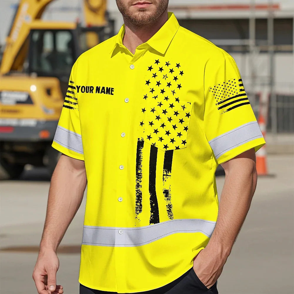 Hi Vis Hawaiian American Flag Shirt, Yellow Neon Custom Name Reflective Short Sleeve Button-up Safety Shirt for Workers