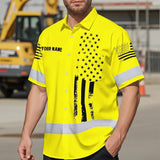 Hi Vis Hawaiian American Flag Shirt, Yellow Neon Custom Name Reflective Short Sleeve Button-up Safety Shirt for Workers