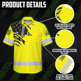 Hi Vis Hawaiian American Flag Shirt, Yellow Neon Custom Name Reflective Short Sleeve Button-up Safety Shirt for Workers