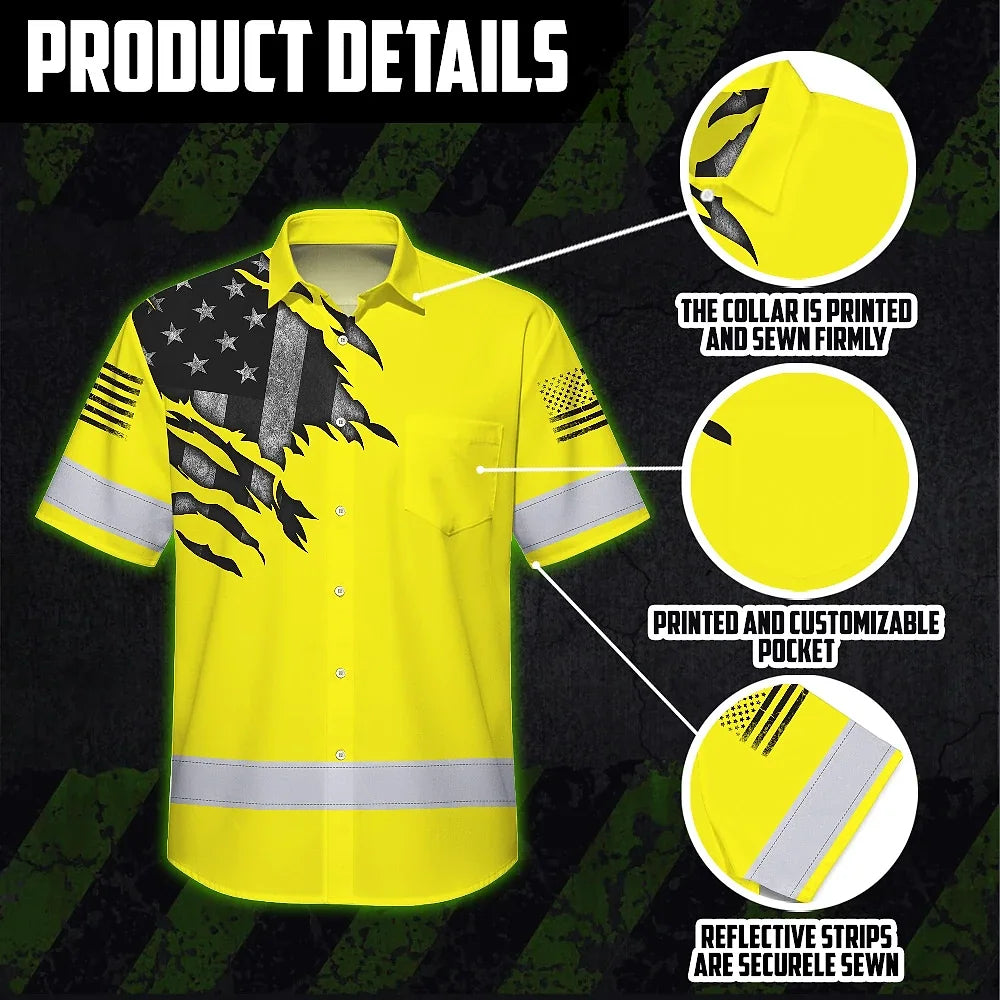 Hi Vis Hawaiian American Flag Shirt, Yellow Neon Custom Name Reflective Short Sleeve Button-up Safety Shirt for Workers
