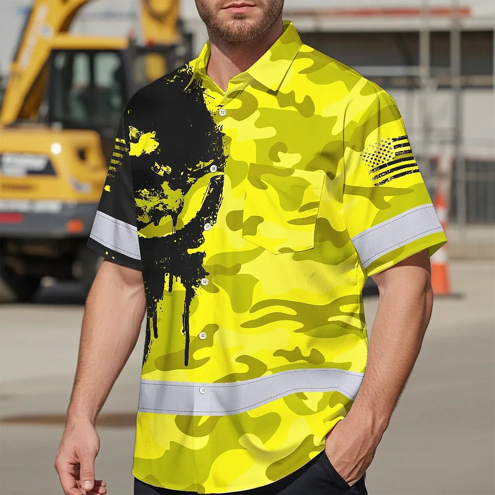 Hi Vis Hawaiian American Flag Shirt, Yellow Neon Custom Name Reflective Short Sleeve Button-up Safety Shirt for Workers