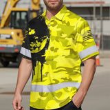 Hi Vis Hawaiian American Flag Shirt, Yellow Neon Custom Name Reflective Short Sleeve Button-up Safety Shirt for Workers