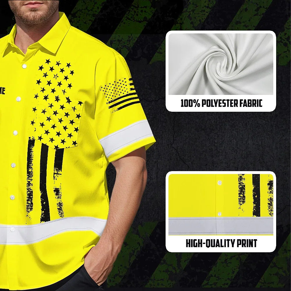 Hi Vis Hawaiian American Flag Shirt, Yellow Neon Custom Name Reflective Short Sleeve Button-up Safety Shirt for Workers