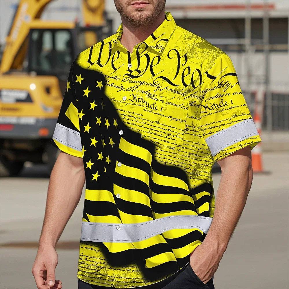 Hi Vis Hawaiian American Flag Shirt, Yellow Neon Custom Name Reflective Short Sleeve Button-up Safety Shirt for Workers