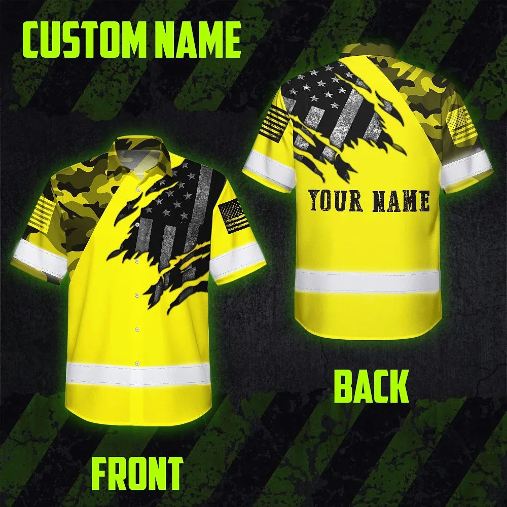 Hi Vis Hawaiian American Flag Shirt, Yellow Neon Custom Name Reflective Short Sleeve Button-up Safety Shirt for Workers