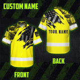 Hi Vis Hawaiian American Flag Shirt, Yellow Neon Custom Name Reflective Short Sleeve Button-up Safety Shirt for Workers