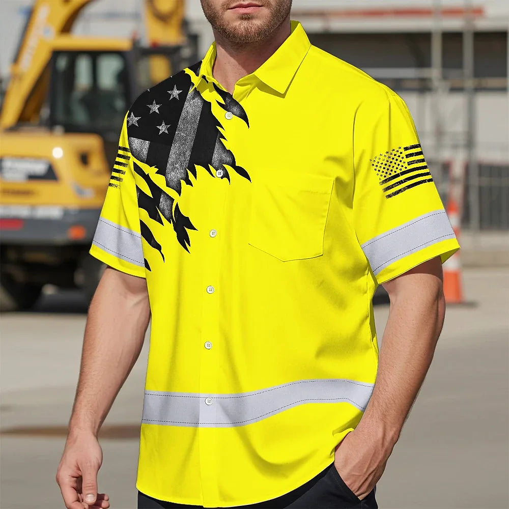 Hi Vis Hawaiian American Flag Shirt, Yellow Neon Custom Name Reflective Short Sleeve Button-up Safety Shirt for Workers