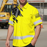 Hi Vis Hawaiian American Flag Shirt, Yellow Neon Custom Name Reflective Short Sleeve Button-up Safety Shirt for Workers